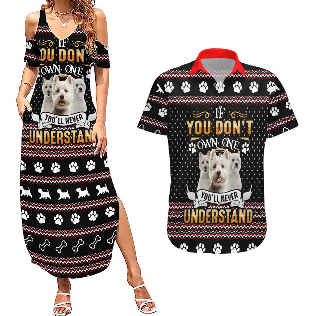 West Highland White Terrier Christmas Couples Matching Summer Maxi Dress and Hawaiian Shirt Xmas Holiday Patterns - Wonder Print Shop