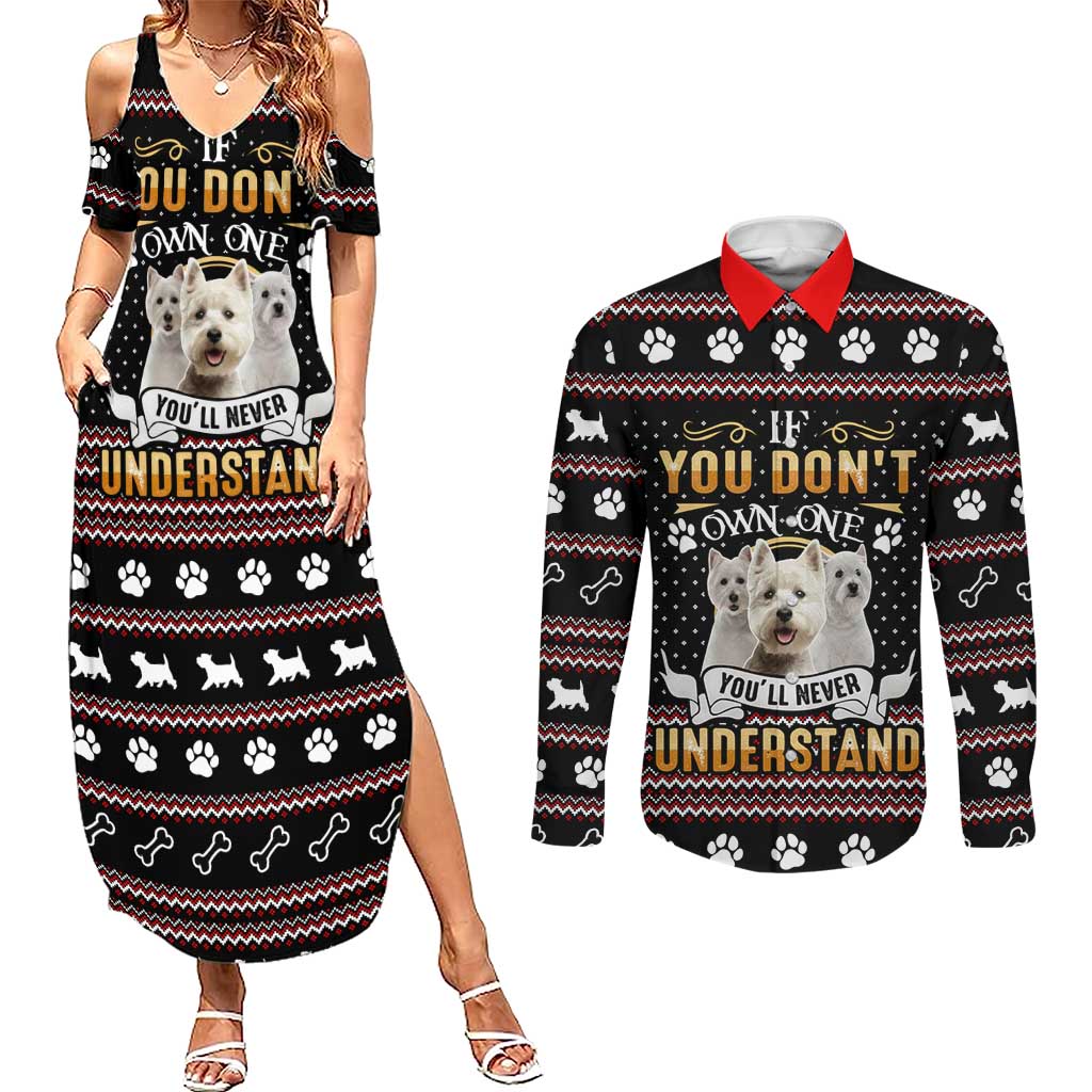 West Highland White Terrier Christmas Couples Matching Summer Maxi Dress and Long Sleeve Button Shirt Xmas Holiday Patterns - Wonder Print Shop