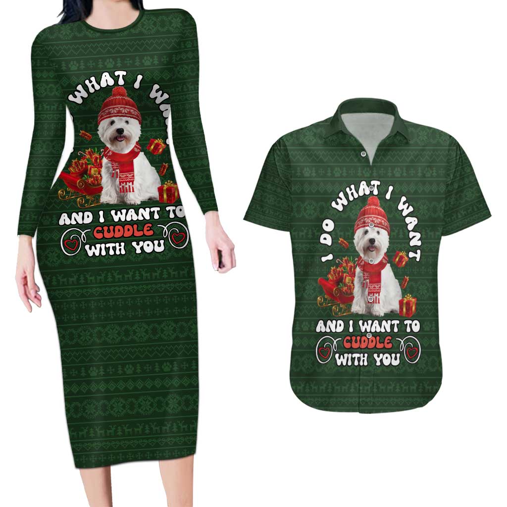 West Highland White Terrier Christmas Couples Matching Long Sleeve Bodycon Dress and Hawaiian Shirt Xmas Holiday Patterns - Wonder Print Shop