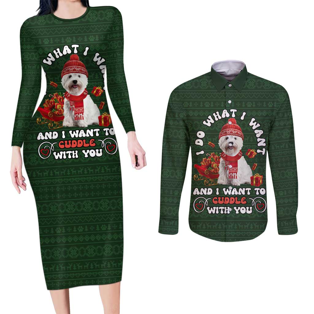 West Highland White Terrier Christmas Couples Matching Long Sleeve Bodycon Dress and Long Sleeve Button Shirt Xmas Holiday Patterns - Wonder Print Shop