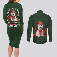 West Highland White Terrier Christmas Couples Matching Long Sleeve Bodycon Dress and Long Sleeve Button Shirt Xmas Holiday Patterns - Wonder Print Shop