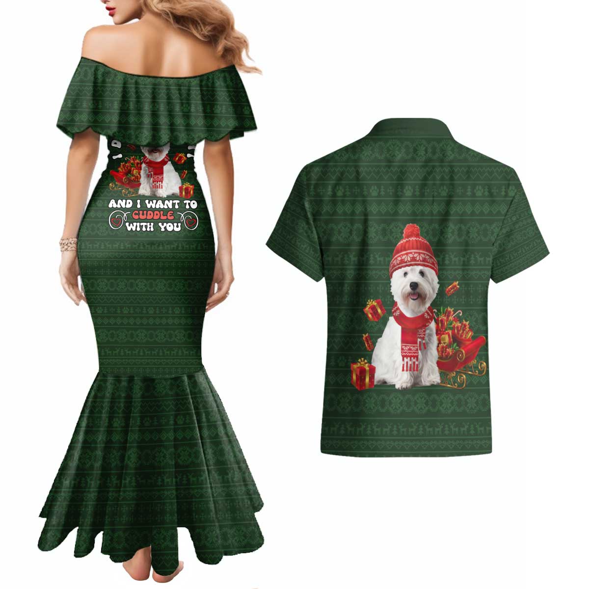 West Highland White Terrier Christmas Couples Matching Mermaid Dress and Hawaiian Shirt Xmas Holiday Patterns - Wonder Print Shop