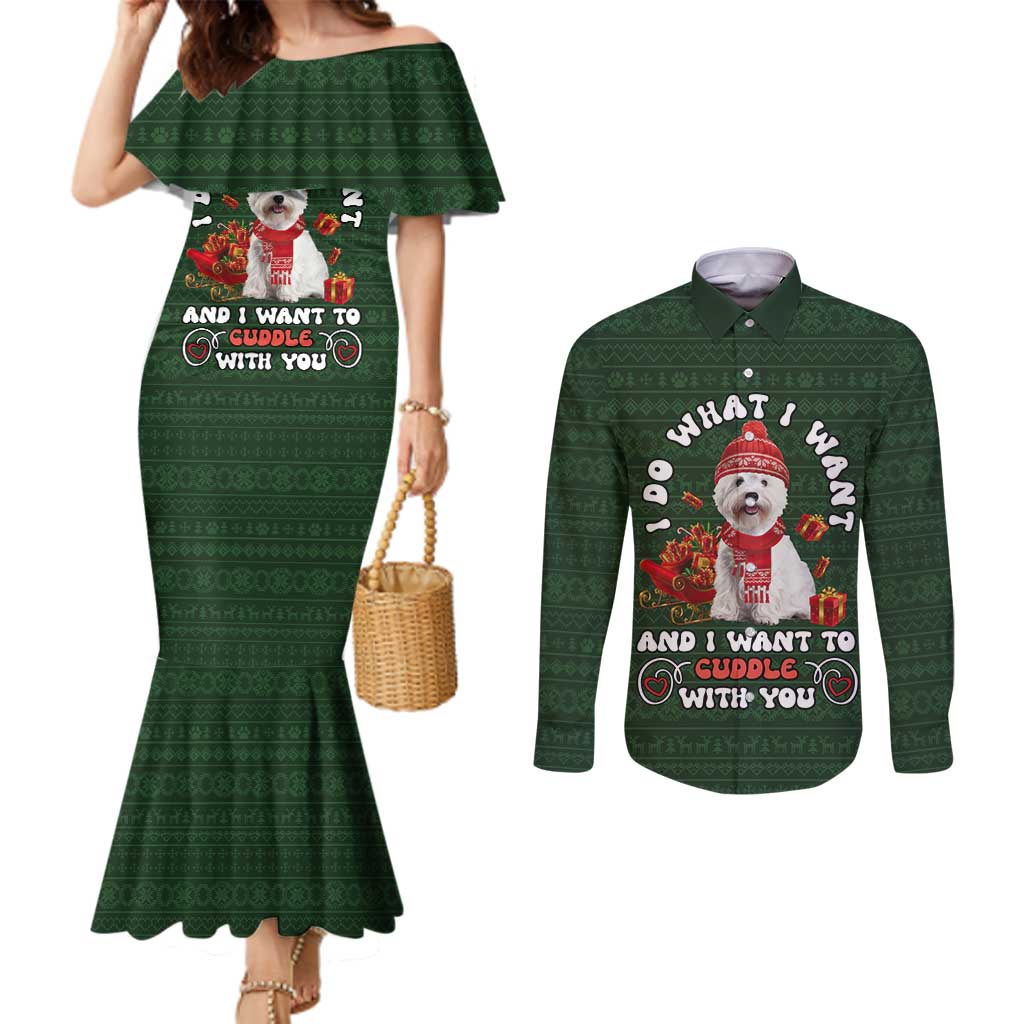 West Highland White Terrier Christmas Couples Matching Mermaid Dress and Long Sleeve Button Shirt Xmas Holiday Patterns - Wonder Print Shop