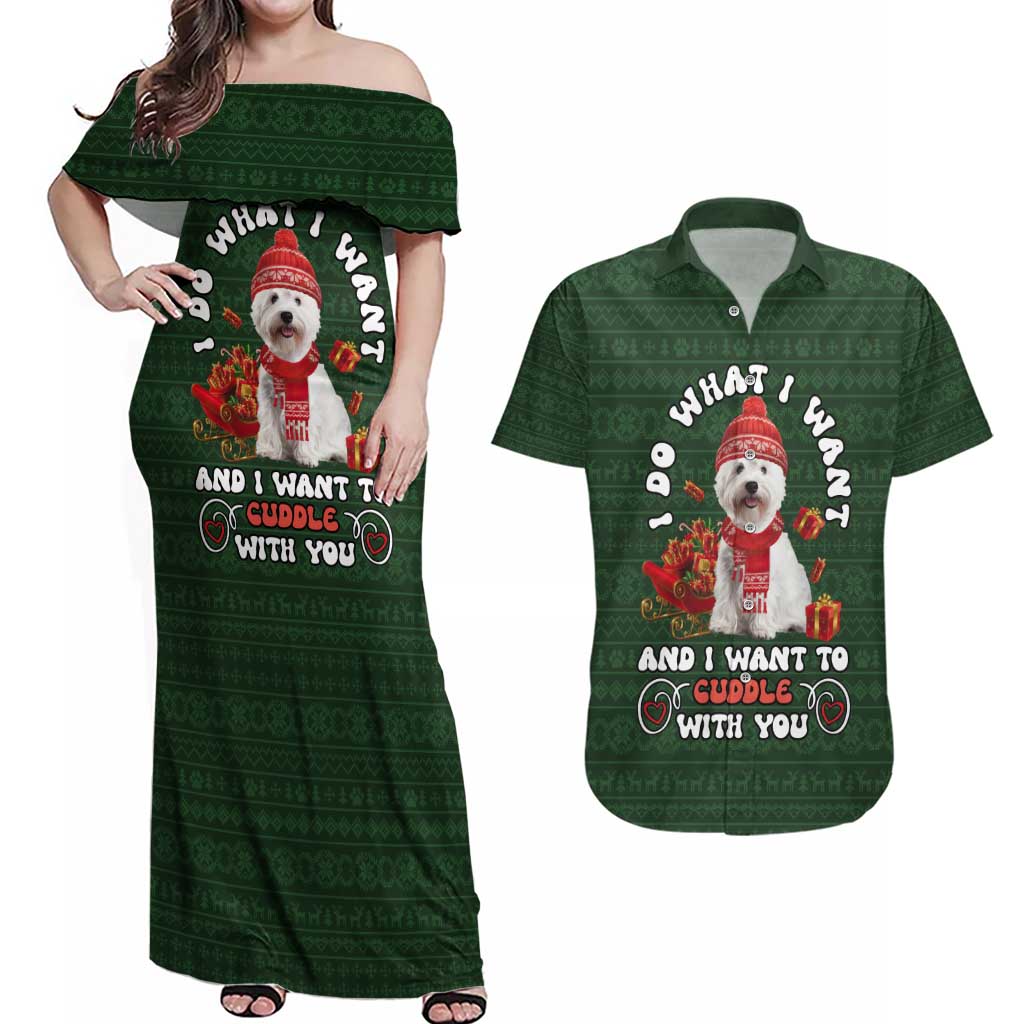 West Highland White Terrier Christmas Couples Matching Off Shoulder Maxi Dress and Hawaiian Shirt Xmas Holiday Patterns - Wonder Print Shop