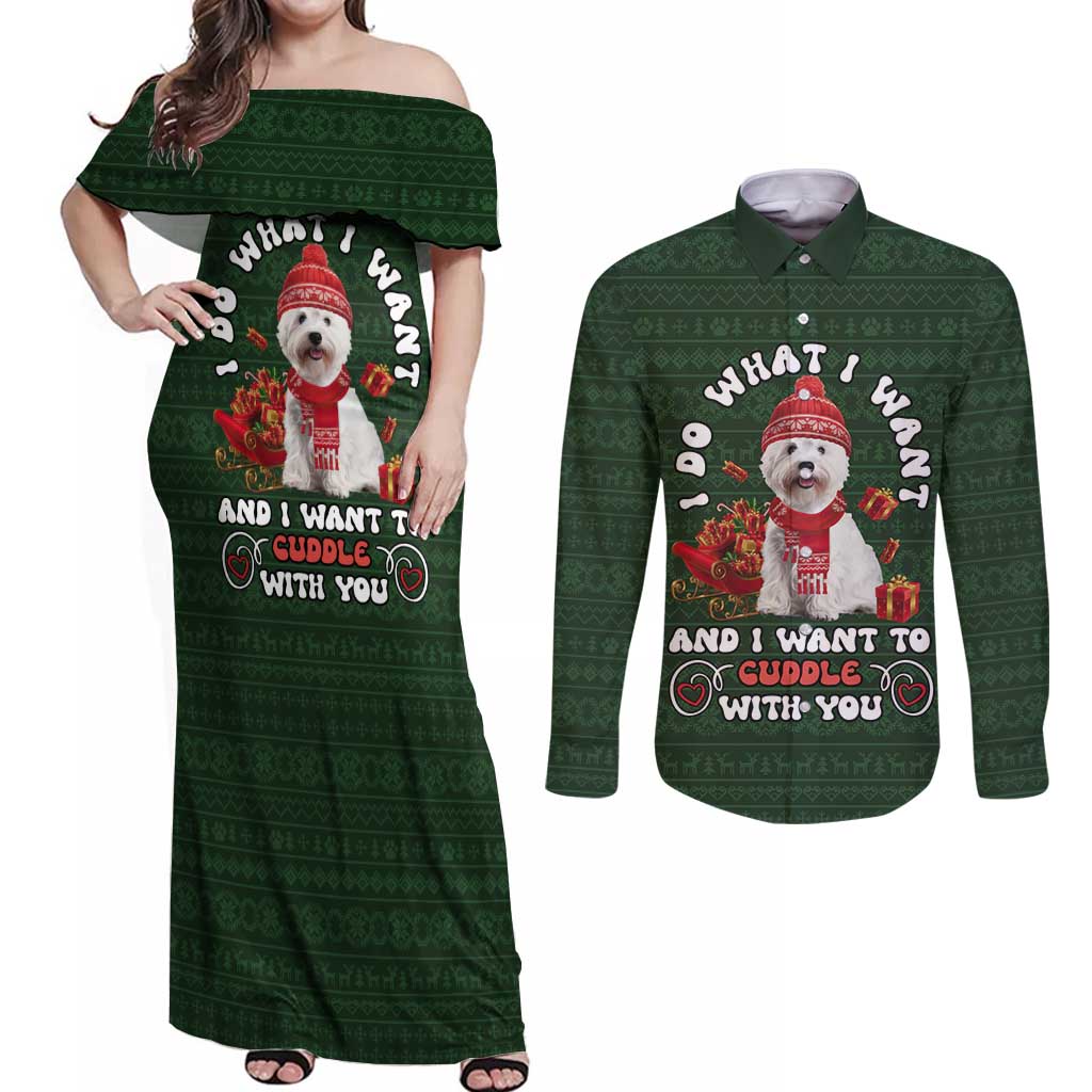 West Highland White Terrier Christmas Couples Matching Off Shoulder Maxi Dress and Long Sleeve Button Shirt Xmas Holiday Patterns - Wonder Print Shop