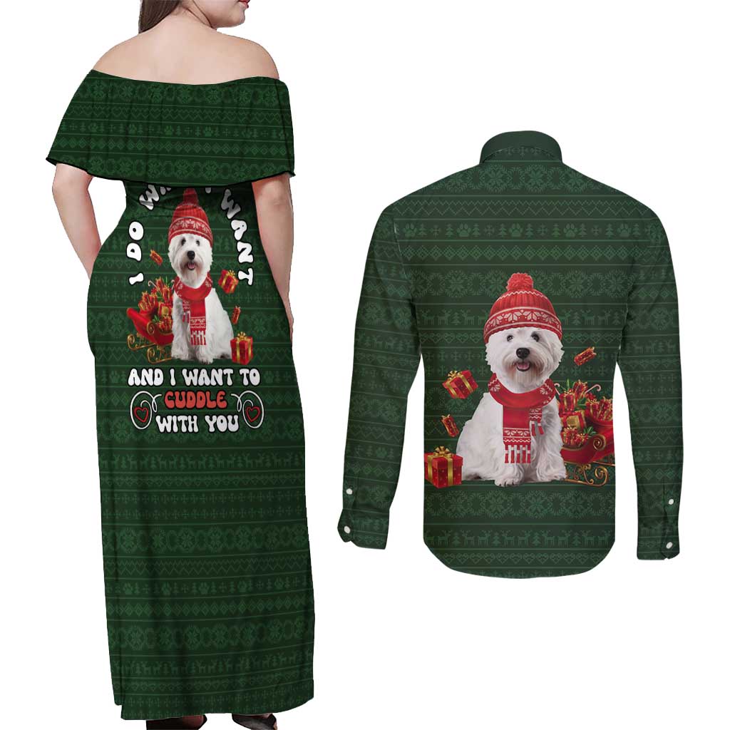 West Highland White Terrier Christmas Couples Matching Off Shoulder Maxi Dress and Long Sleeve Button Shirt Xmas Holiday Patterns - Wonder Print Shop