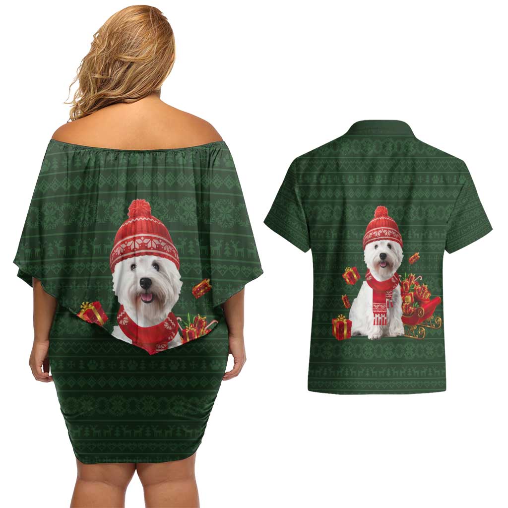 West Highland White Terrier Christmas Couples Matching Off Shoulder Short Dress and Hawaiian Shirt Xmas Holiday Patterns - Wonder Print Shop