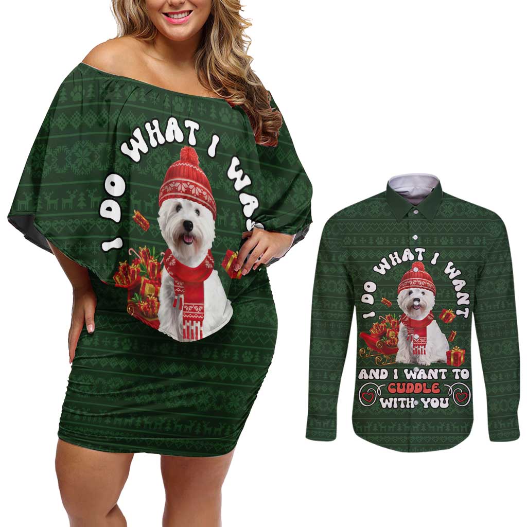 West Highland White Terrier Christmas Couples Matching Off Shoulder Short Dress and Long Sleeve Button Shirt Xmas Holiday Patterns - Wonder Print Shop
