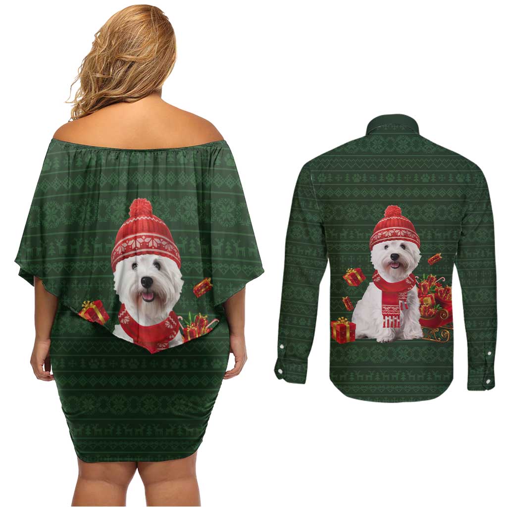 West Highland White Terrier Christmas Couples Matching Off Shoulder Short Dress and Long Sleeve Button Shirt Xmas Holiday Patterns - Wonder Print Shop
