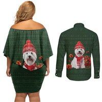 West Highland White Terrier Christmas Couples Matching Off Shoulder Short Dress and Long Sleeve Button Shirt Xmas Holiday Patterns - Wonder Print Shop