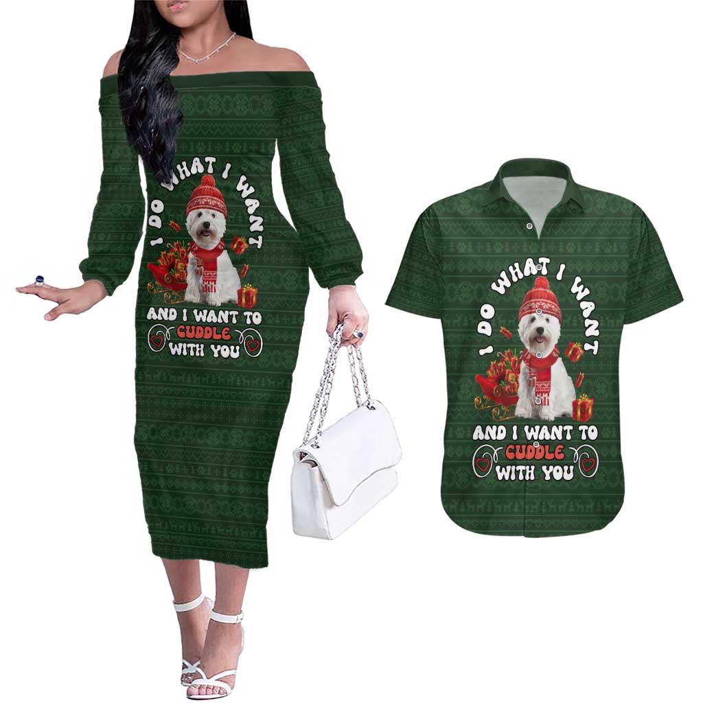West Highland White Terrier Christmas Couples Matching Off The Shoulder Long Sleeve Dress and Hawaiian Shirt Xmas Holiday Patterns - Wonder Print Shop