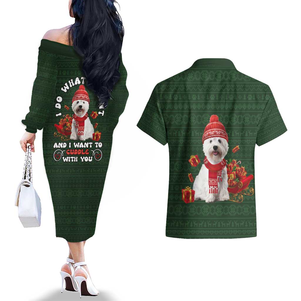 West Highland White Terrier Christmas Couples Matching Off The Shoulder Long Sleeve Dress and Hawaiian Shirt Xmas Holiday Patterns - Wonder Print Shop
