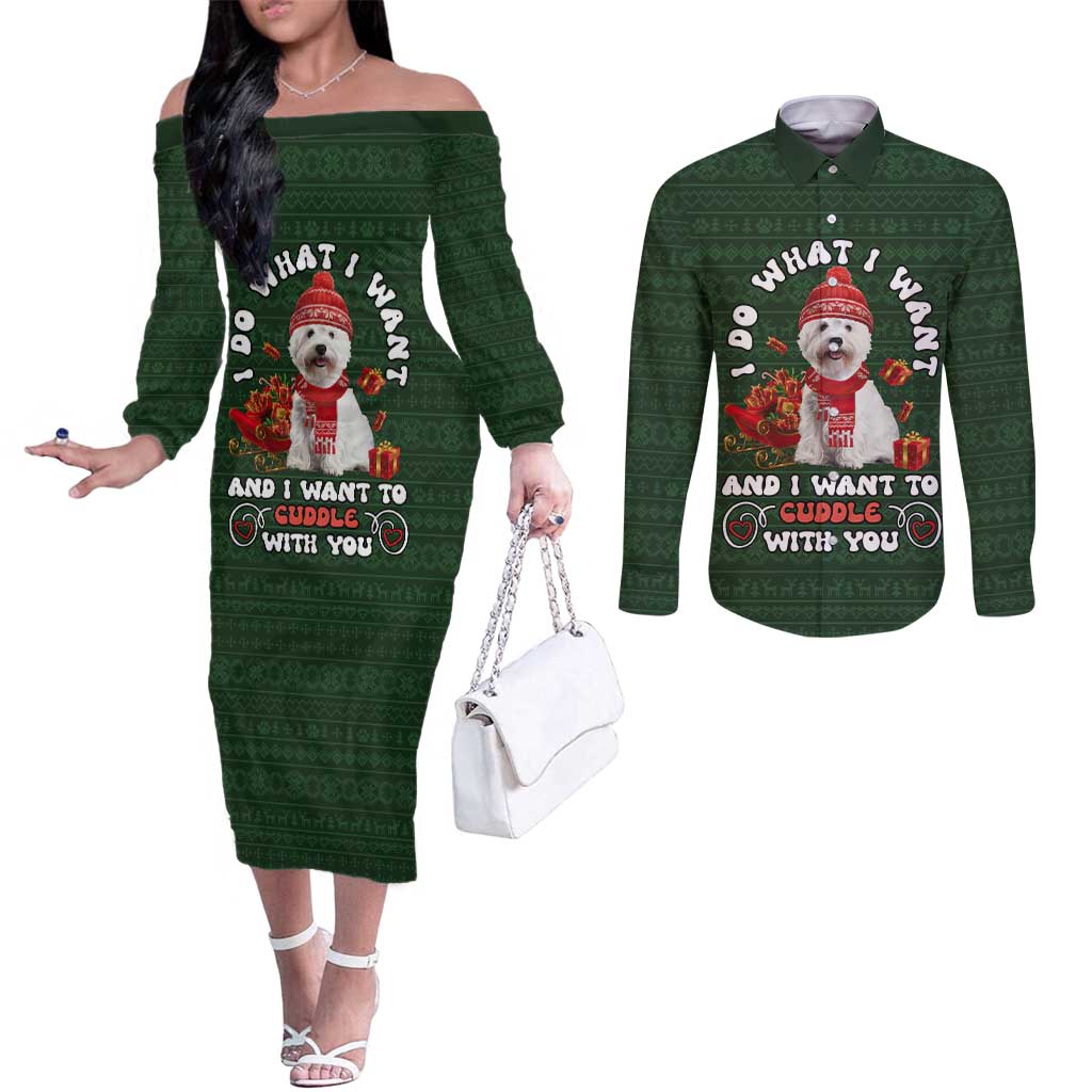 West Highland White Terrier Christmas Couples Matching Off The Shoulder Long Sleeve Dress and Long Sleeve Button Shirt Xmas Holiday Patterns - Wonder Print Shop