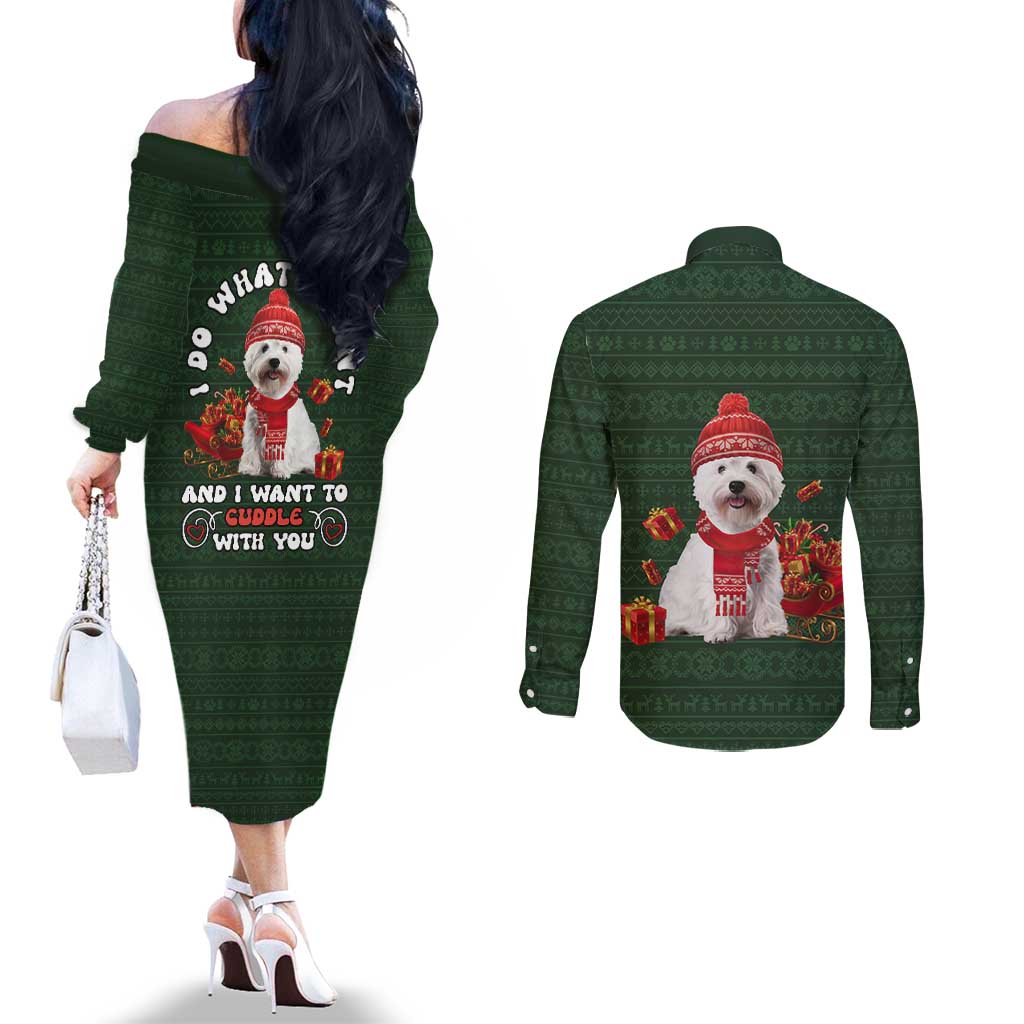 West Highland White Terrier Christmas Couples Matching Off The Shoulder Long Sleeve Dress and Long Sleeve Button Shirt Xmas Holiday Patterns - Wonder Print Shop