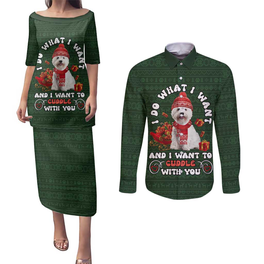 West Highland White Terrier Christmas Couples Matching Puletasi and Long Sleeve Button Shirt Xmas Holiday Patterns - Wonder Print Shop