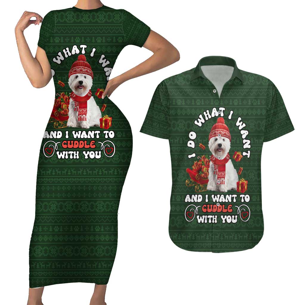 West Highland White Terrier Christmas Couples Matching Short Sleeve Bodycon Dress and Hawaiian Shirt Xmas Holiday Patterns - Wonder Print Shop