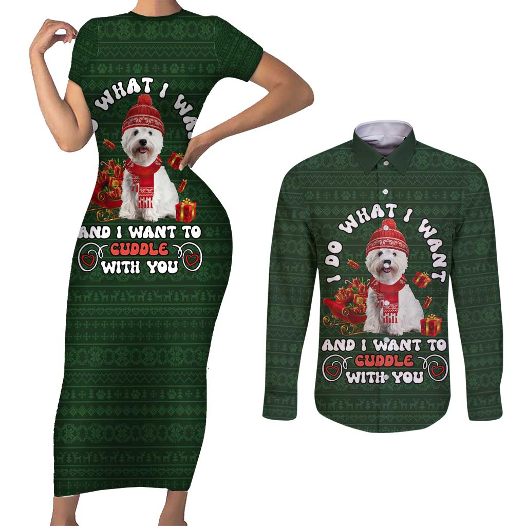 West Highland White Terrier Christmas Couples Matching Short Sleeve Bodycon Dress and Long Sleeve Button Shirt Xmas Holiday Patterns - Wonder Print Shop
