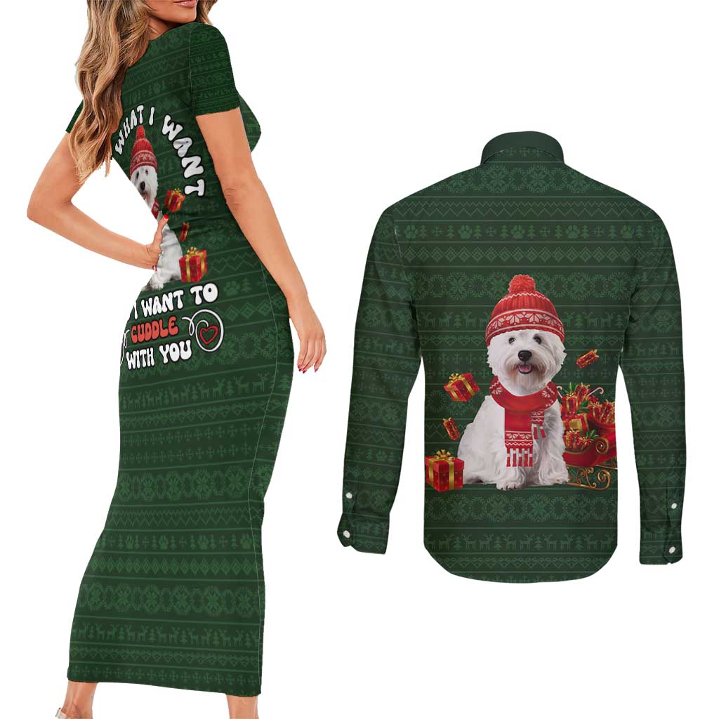 West Highland White Terrier Christmas Couples Matching Short Sleeve Bodycon Dress and Long Sleeve Button Shirt Xmas Holiday Patterns - Wonder Print Shop