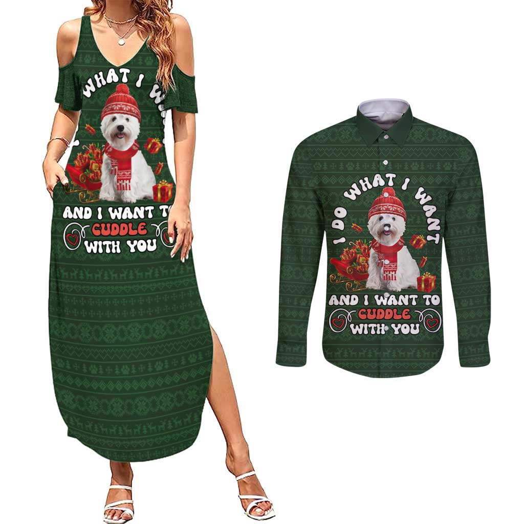 West Highland White Terrier Christmas Couples Matching Summer Maxi Dress and Long Sleeve Button Shirt Xmas Holiday Patterns - Wonder Print Shop
