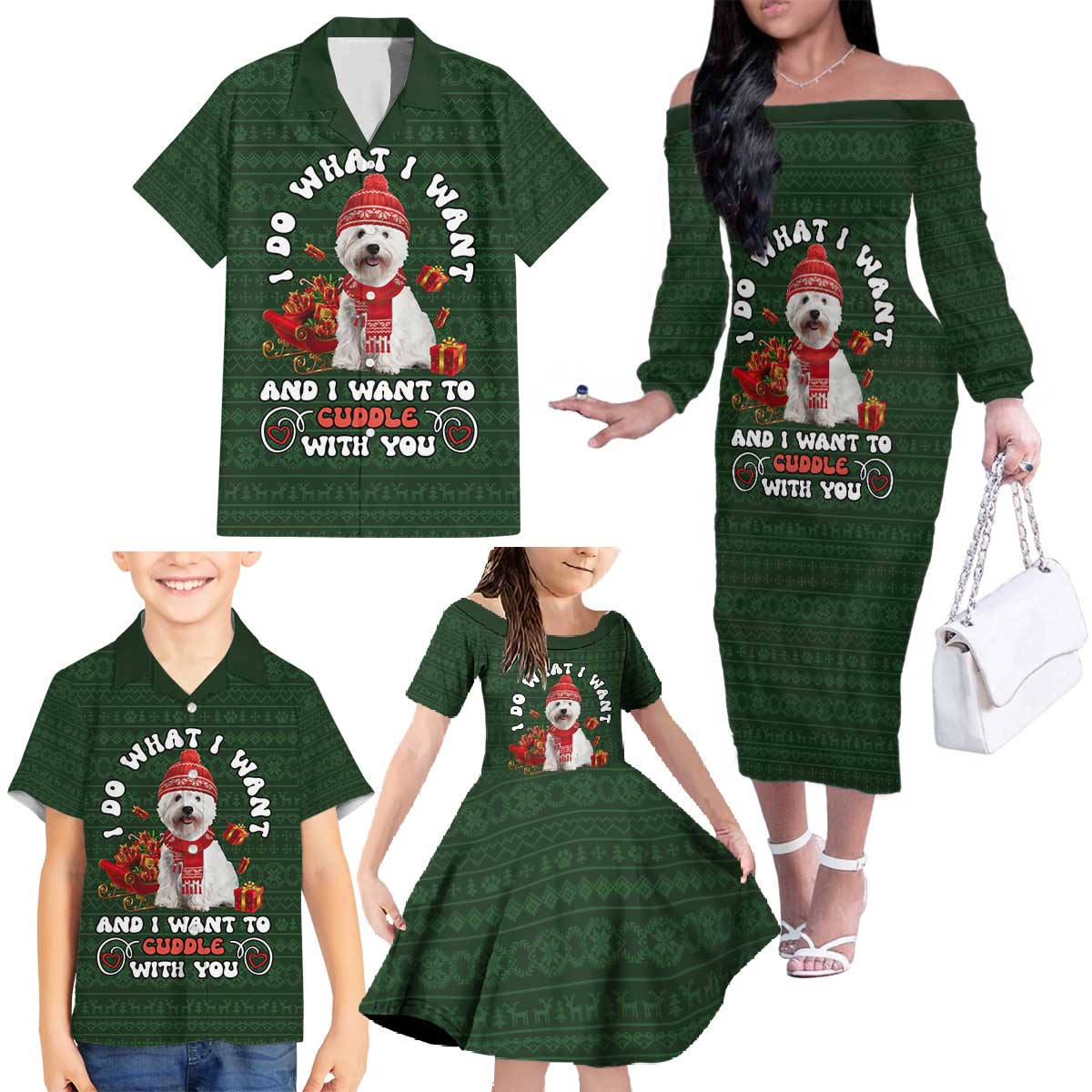 West Highland White Terrier Christmas Family Matching Off The Shoulder Long Sleeve Dress and Hawaiian Shirt Xmas Holiday Patterns - Wonder Print Shop