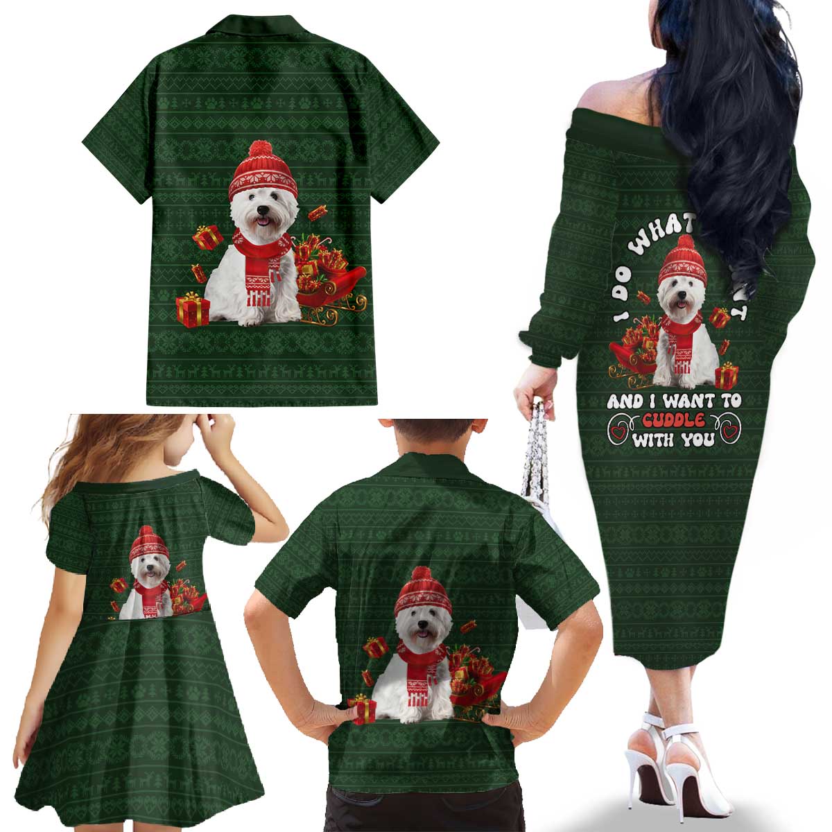 West Highland White Terrier Christmas Family Matching Off The Shoulder Long Sleeve Dress and Hawaiian Shirt Xmas Holiday Patterns - Wonder Print Shop