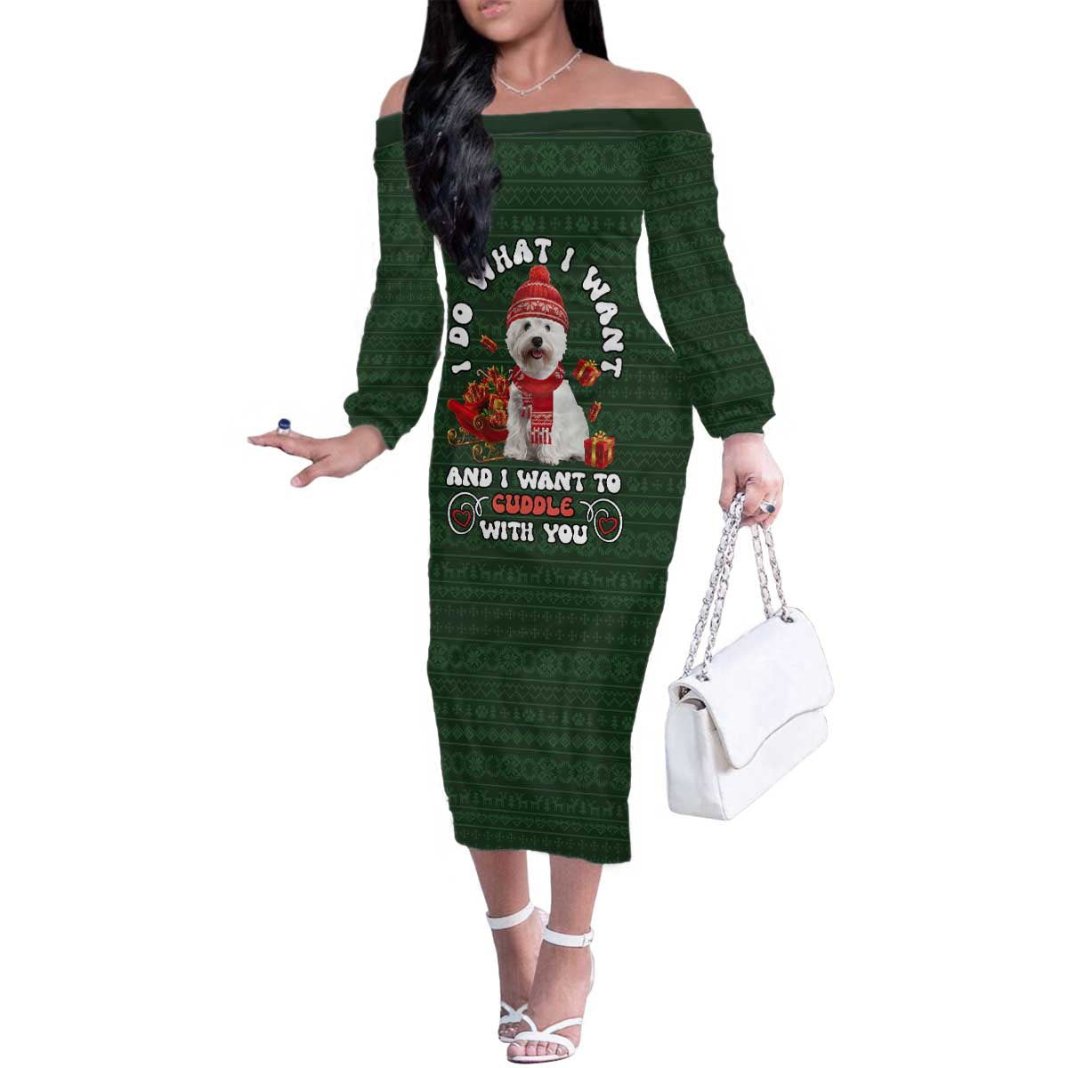 West Highland White Terrier Christmas Family Matching Off The Shoulder Long Sleeve Dress and Hawaiian Shirt Xmas Holiday Patterns - Wonder Print Shop