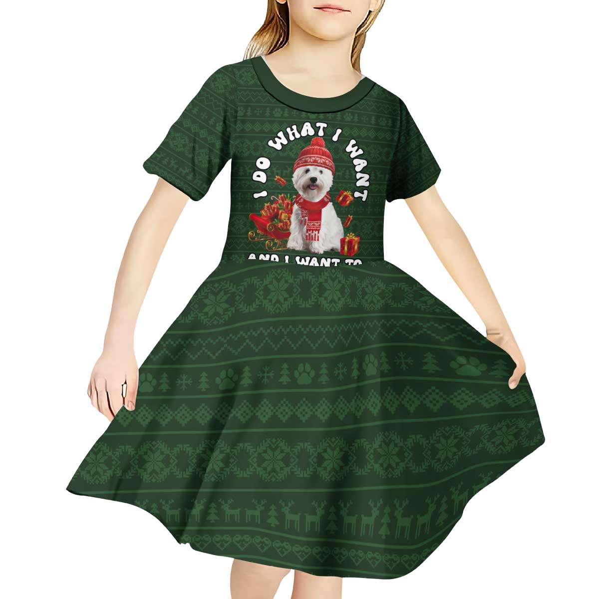 West Highland White Terrier Christmas Kid Short Sleeve Dress Xmas Holiday Patterns - Wonder Print Shop