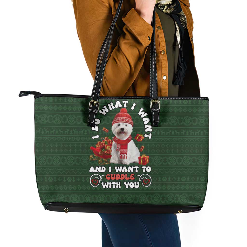 West Highland White Terrier Christmas Leather Tote Bag Xmas Holiday Patterns - Wonder Print Shop