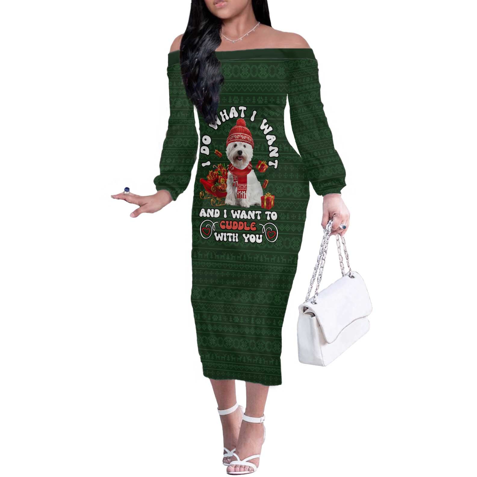 West Highland White Terrier Christmas Off The Shoulder Long Sleeve Dress Xmas Holiday Patterns - Wonder Print Shop