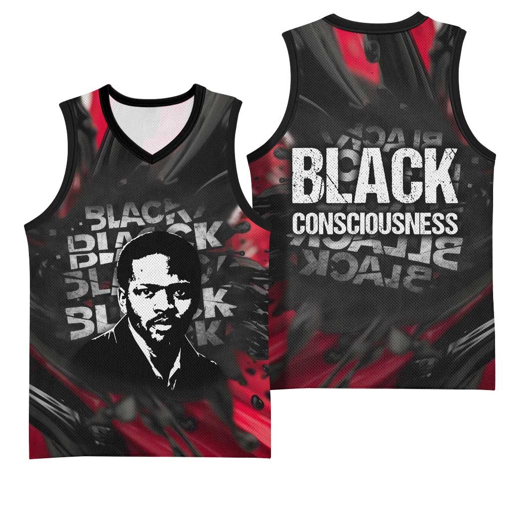 Steve Biko Basketball Jersey with Black Consciousness Portrait, Power Fist Symbol and Red-Black Freedom - Wonder Print Shop