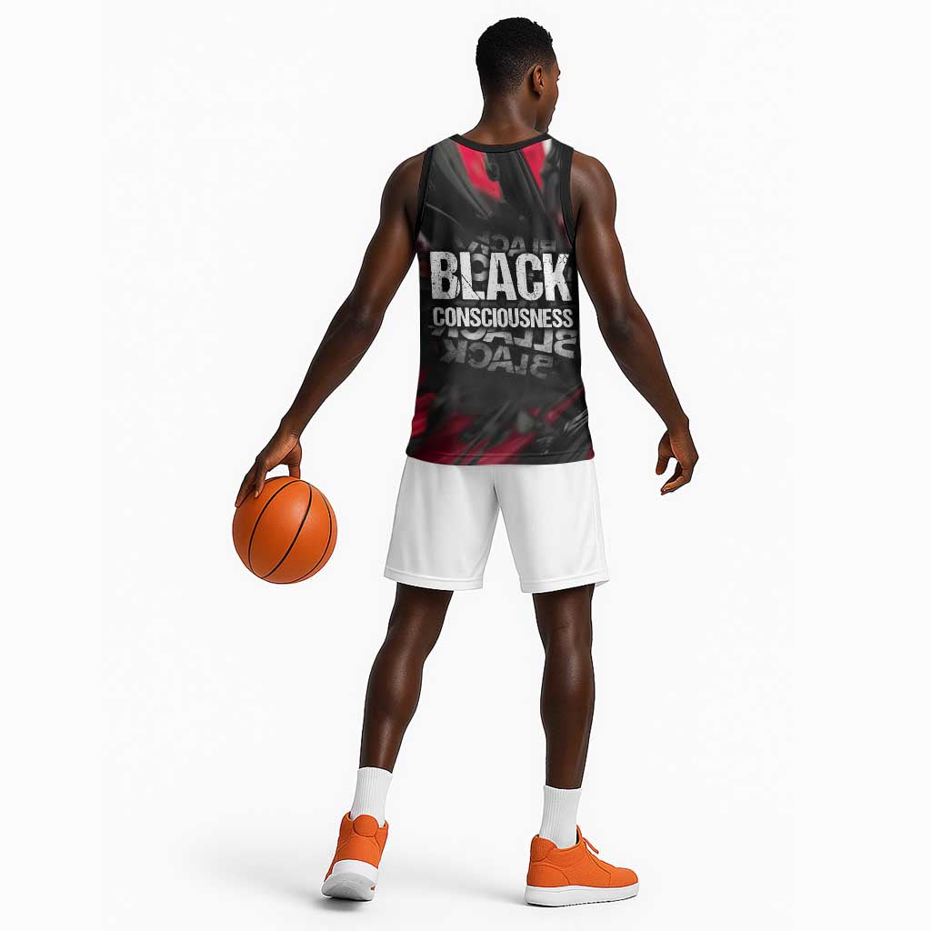 Steve Biko Basketball Jersey with Black Consciousness Portrait, Power Fist Symbol and Red-Black Freedom - Wonder Print Shop