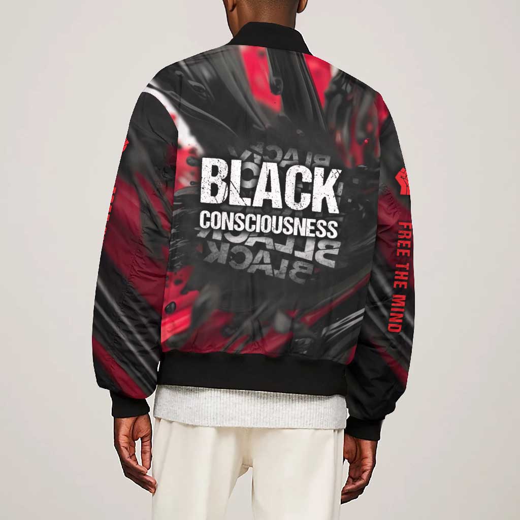 Steve Biko Bomber Jacket with Black Consciousness Portrait, Power Fist Symbol and Red-Black Freedom - Wonder Print Shop
