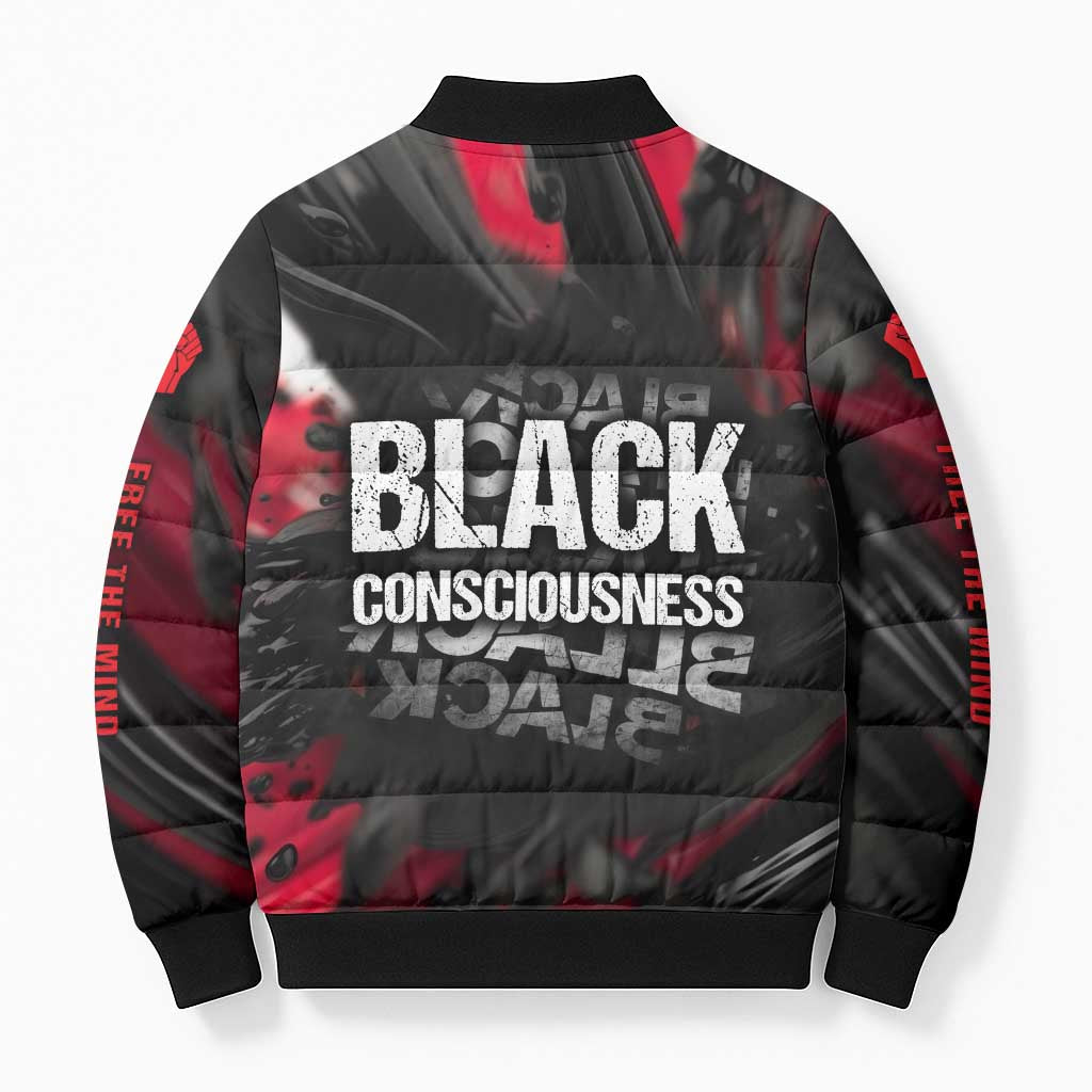 Steve Biko Bomber Puffer Jacket with Black Consciousness Portrait, Power Fist Symbol and Red-Black Freedom - Wonder Print Shop