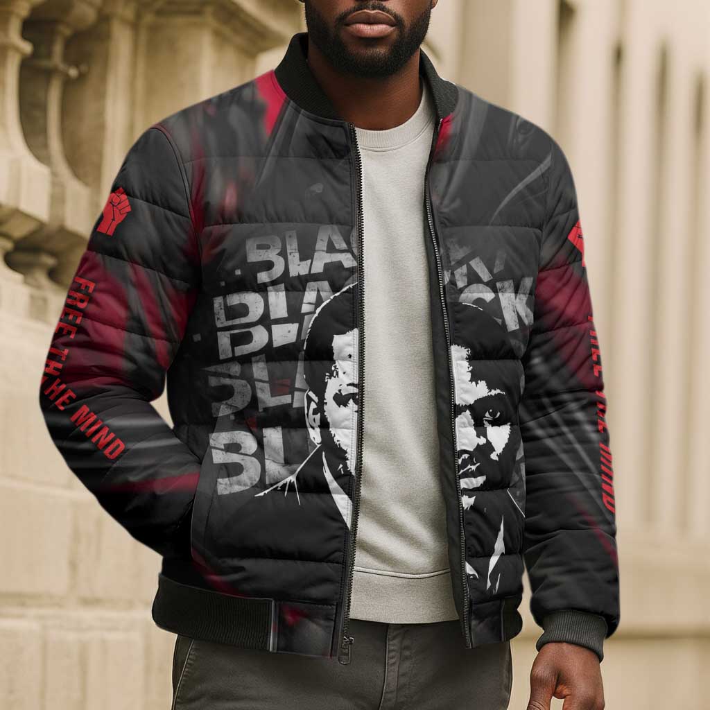 Steve Biko Bomber Puffer Jacket with Black Consciousness Portrait, Power Fist Symbol and Red-Black Freedom - Wonder Print Shop
