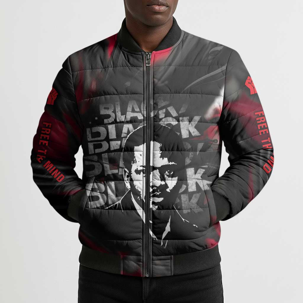 Steve Biko Bomber Puffer Jacket with Black Consciousness Portrait, Power Fist Symbol and Red-Black Freedom - Wonder Print Shop