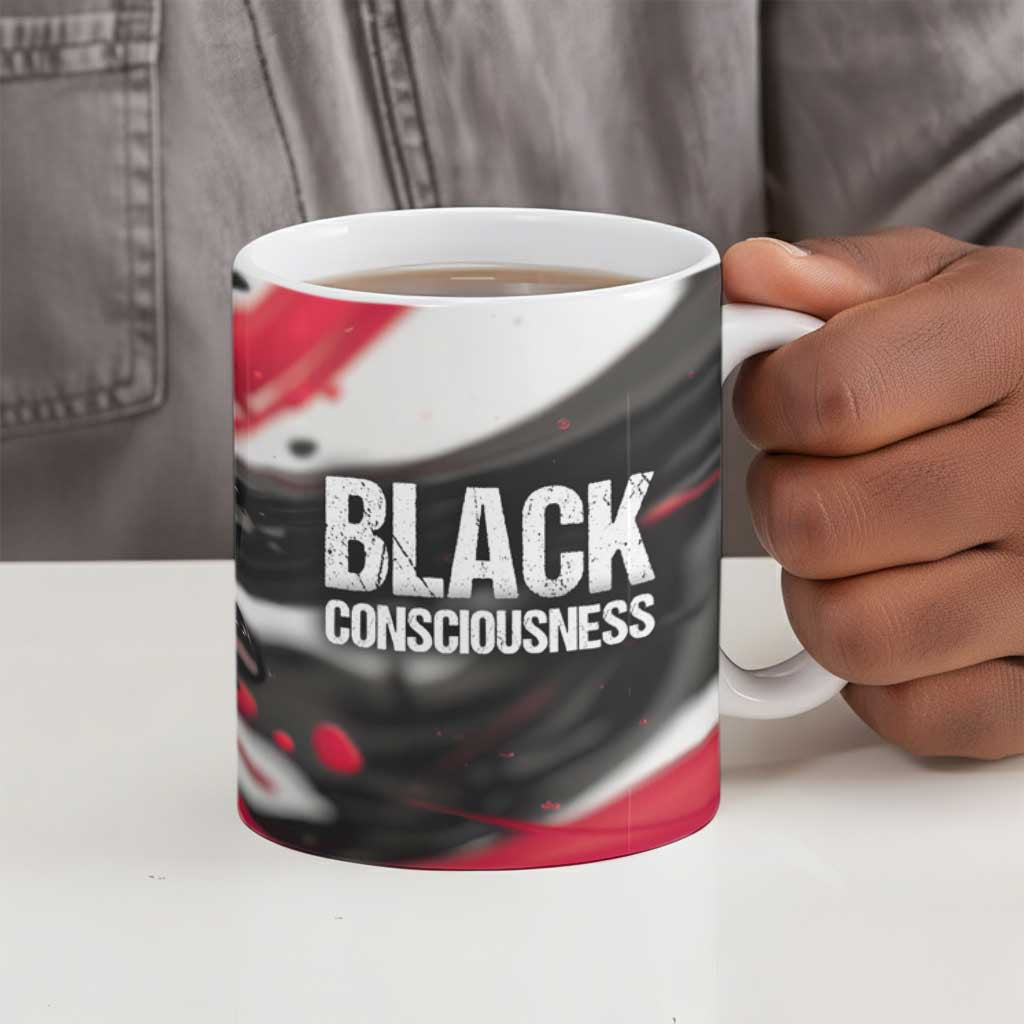 Steve Biko Ceramic Mug with Black Consciousness Portrait, Power Fist Symbol and Red-Black Freedom - Wonder Print Shop
