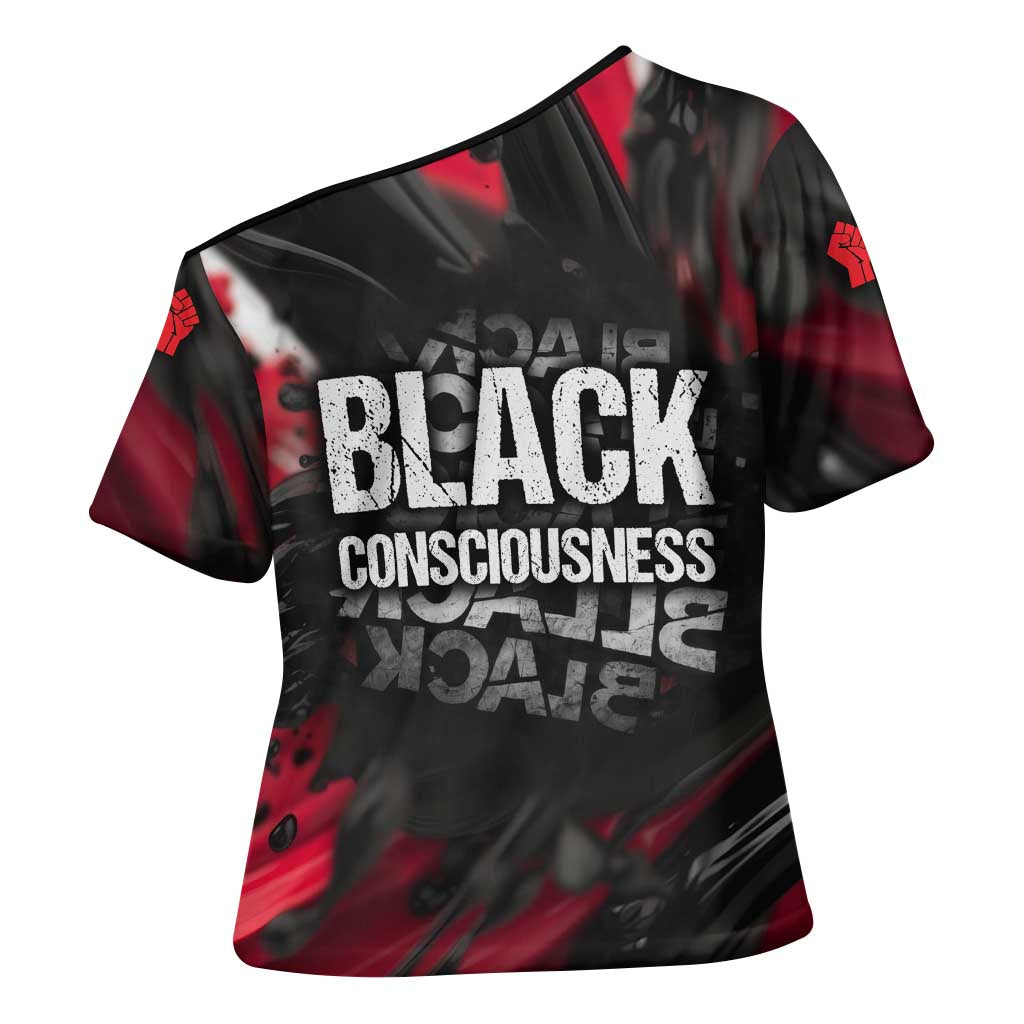 Steve Biko Cross Shoulder Shirt with Black Consciousness Portrait, Power Fist Symbol and Red-Black Freedom - Wonder Print Shop