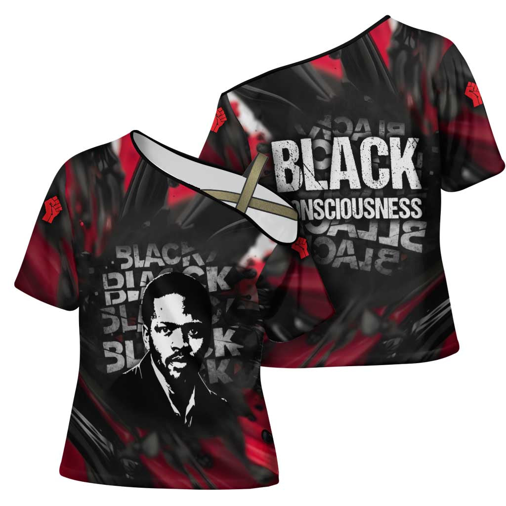 Steve Biko Cross Shoulder Shirt with Black Consciousness Portrait, Power Fist Symbol and Red-Black Freedom - Wonder Print Shop