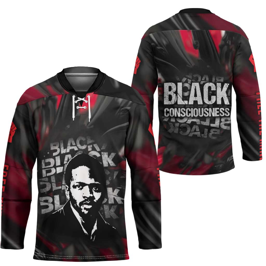 Steve Biko Hockey Jersey with Black Consciousness Portrait, Power Fist Symbol and Red-Black Freedom - Wonder Print Shop