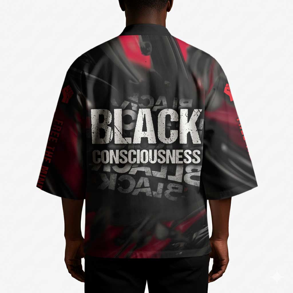 Steve Biko Kimono with Black Consciousness Portrait, Power Fist Symbol and Red-Black Freedom - undefined
