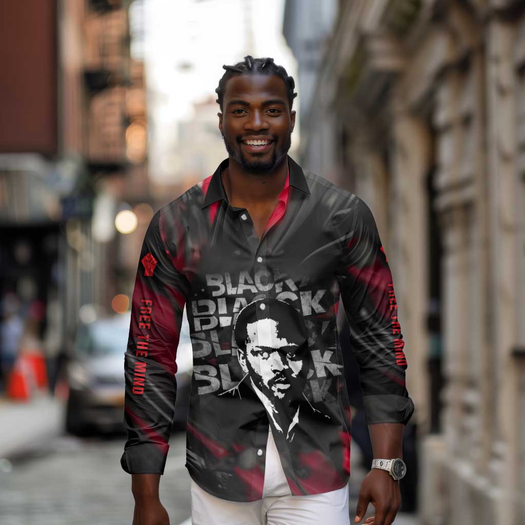 Steve Biko Long Sleeve Button Shirt with Black Consciousness Portrait, Power Fist Symbol and Red-Black Freedom - Wonder Print Shop
