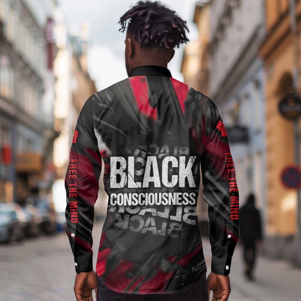 Steve Biko Long Sleeve Button Shirt with Black Consciousness Portrait, Power Fist Symbol and Red-Black Freedom - Wonder Print Shop
