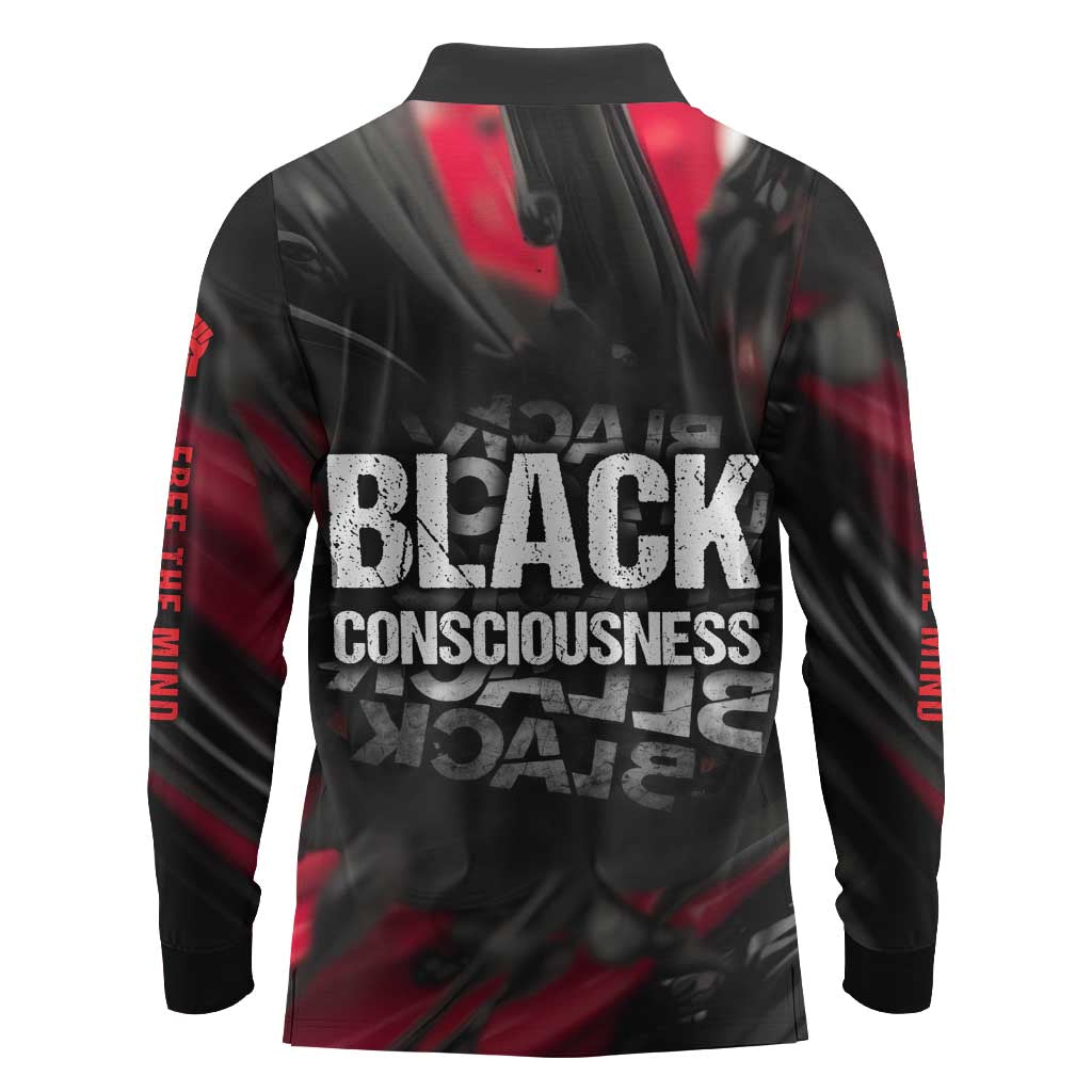 Steve Biko Long Sleeve Polo Shirt with Black Consciousness Portrait, Power Fist Symbol and Red-Black Freedom - Wonder Print Shop