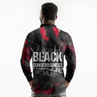 Steve Biko Long Sleeve Polo Shirt with Black Consciousness Portrait, Power Fist Symbol and Red-Black Freedom - Wonder Print Shop