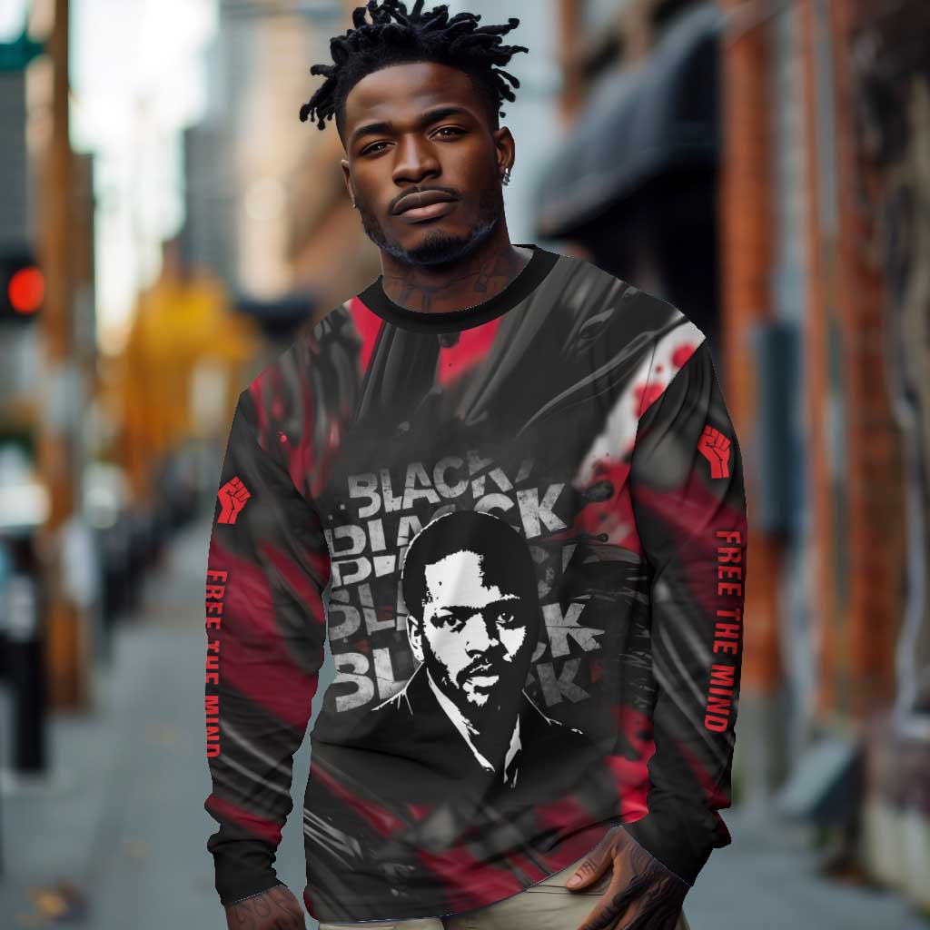 Steve Biko Long Sleeve Shirt with Black Consciousness Portrait, Power Fist Symbol and Red-Black Freedom - Wonder Print Shop