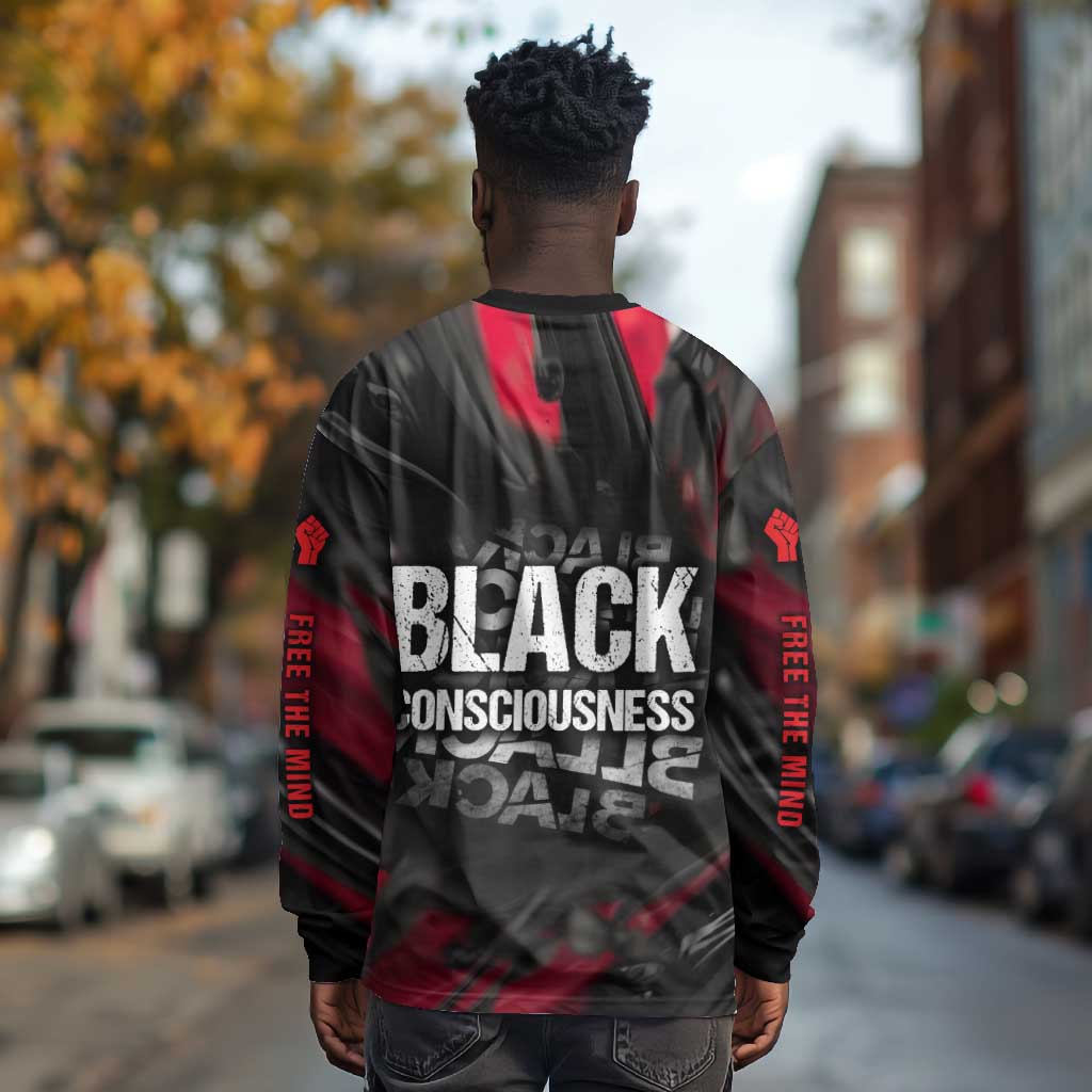 Steve Biko Long Sleeve Shirt with Black Consciousness Portrait, Power Fist Symbol and Red-Black Freedom - Wonder Print Shop
