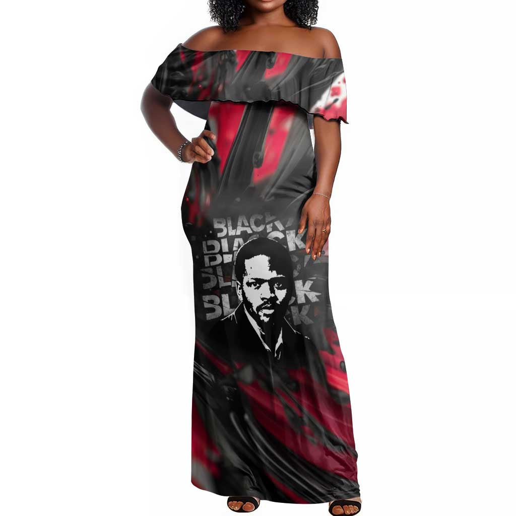 Steve Biko Off Shoulder Maxi Dress with Black Consciousness Portrait, Power Fist Symbol and Red-Black Freedom - Wonder Print Shop
