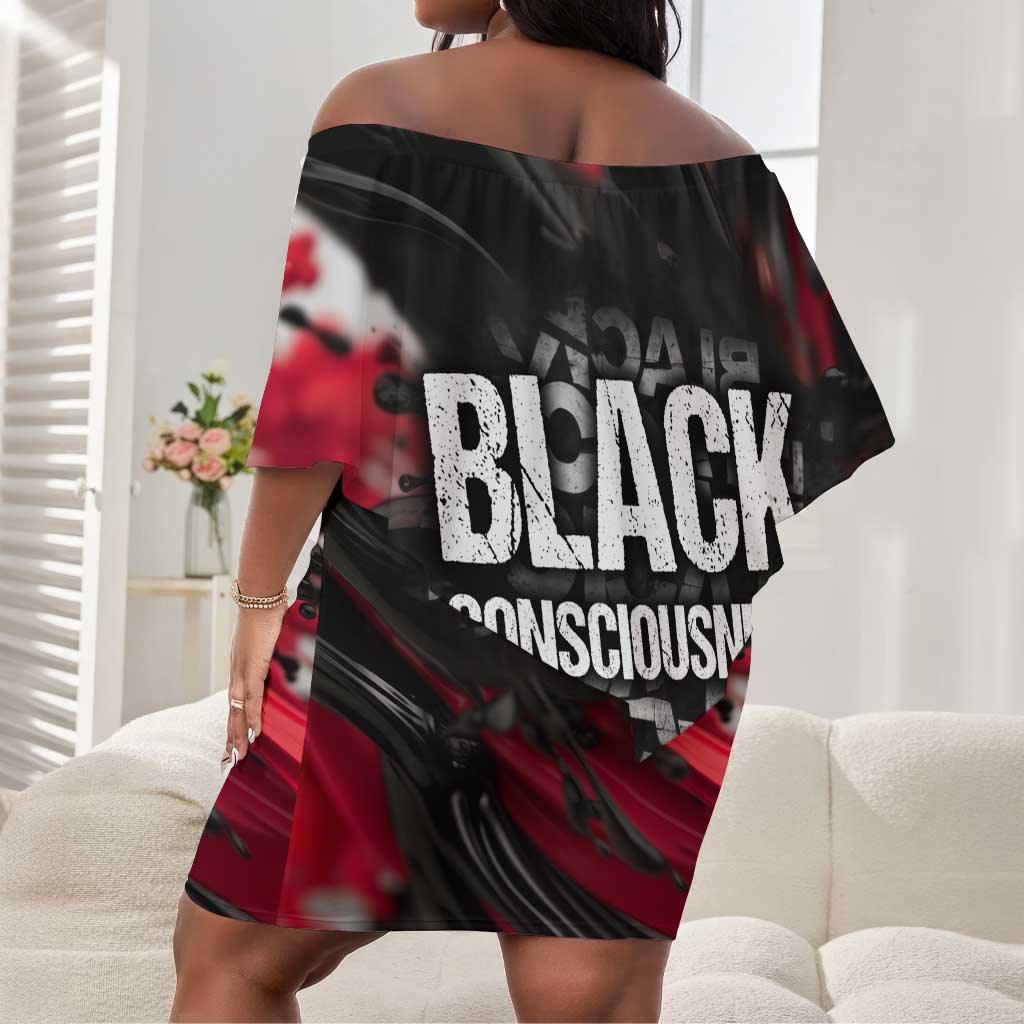 Steve Biko Off Shoulder Short Dress with Black Consciousness Portrait, Power Fist Symbol and Red-Black Freedom - Wonder Print Shop