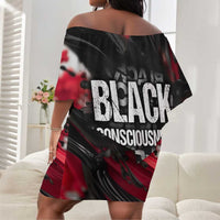 Steve Biko Off Shoulder Short Dress with Black Consciousness Portrait, Power Fist Symbol and Red-Black Freedom - Wonder Print Shop
