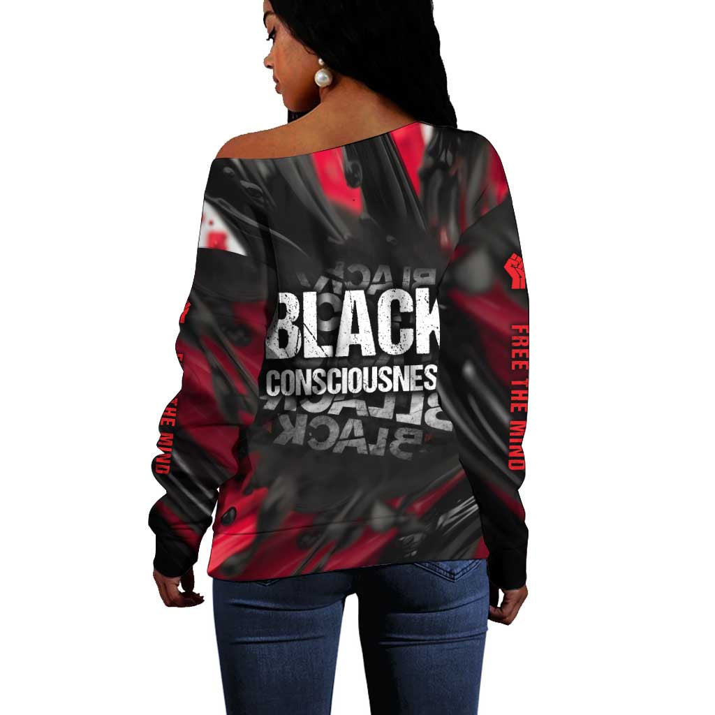 Steve Biko Off Shoulder Sweater with Black Consciousness Portrait, Power Fist Symbol and Red-Black Freedom - Wonder Print Shop